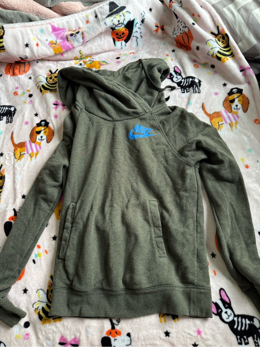 Nike Olive Green Hooded Sweatshirt with Blue Logo